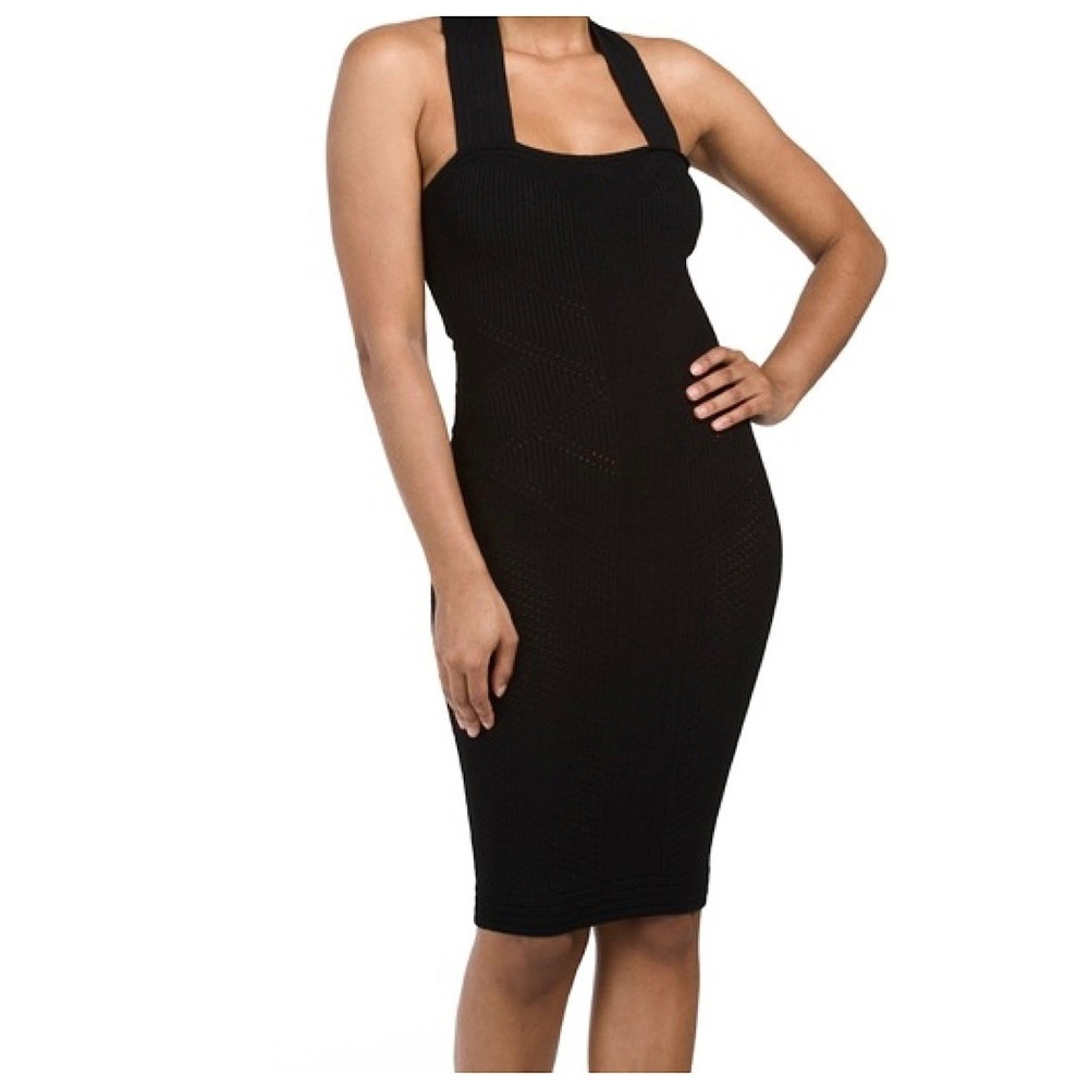 House of Harlow 1960 Knit Bodycon Midi Dress Womens Sz M Black Cross Back Ribbed